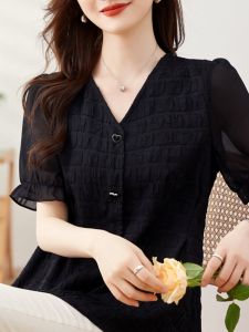 plus Size Womens Blouse Chubby Girl Waist-Tight Slim Looking Chiffon Shirt Temperament Youthful-Looking Black Tops 2024 Summer Bottoming Shirt