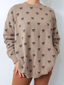 Pakaian Atasan Wanita Blouse Knit Clarisa Terbaru Blouse Rajut Motif Ribbon Pita Hitam Denim Oversize Jumbo Bigsize