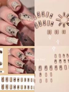 24pcs/set short medium fake nails shinny sparkling glitter square ballet nail tips starry star cat eyes press on false nail art