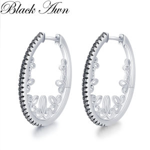 Black Awn 2023 New Oval Hoop Earrings For Women Classic Silver Color Trendy Spinel Engagement Jewelry I218