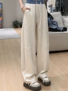 plus Size Womens High Waist Wide Leg Pants Drawstring Loose Fitting Concealing Long Trousers Floor Length Color Block Spring Autumn