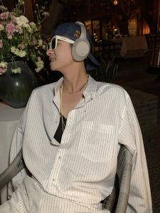 Comfortable Striped Long Sleeve Shirt And Casual Shorts Two-Piece Set Simple Stylish Cotton Polyester Blend Summer Fashion Ensemble