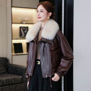 HanXiNa | Fox Fur Collar Lamb Leather Down Jacket Short Loose