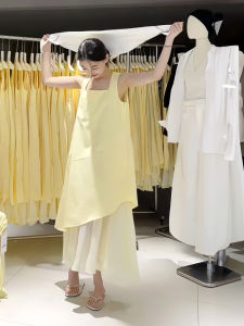 Yellow Sleeveless Vest Dress Iris Skirt Female Summer New Style Splicing Long Dress Irregular Hemline Two-Piece Look