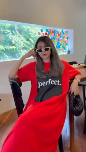 เดรสคอกลมแขนสั้น ทรงปล่อยแบบ oversize style สกรีน Perfect ชุดเดรสแฟชั่น เดรสใส่ไปคาเฟ่ yunaka