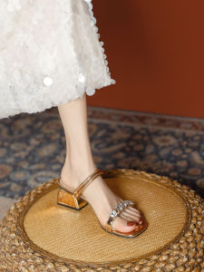 French Style Two-Way Wear mid Heel Chunky Heels Sandals Women Summer New Diamond High Heels Fairy Style Outdoor Slippers