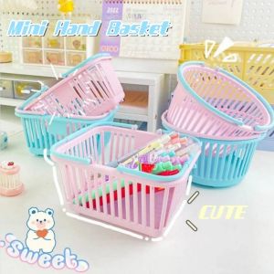 Mini Hand Basket - Desktop Clutter Storage Box - Arboretum Pick Basket - Macaron Color Fruit Basket - Square Basket with Handle - For Office Stationery Cosmetics Jewelry