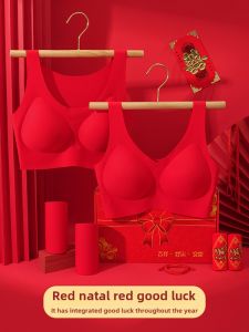 Red Wedding Bride Set Underwear Ladies Large Chest Appear Small Clouds Seamless No Size Bra Snake Year Simple Style Fixed Strap
