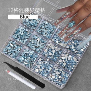 12Grids 3D Baby Blue Multi-Shape Nail Art Rhinestones Flat Back Resin Diamond Luxury Nail Charms for DIY Nail Tips Decorations