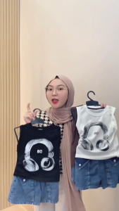 Setelan Anak Perempuan Usia 1-5 Tahun Baju Kaos Lekbong Motif Earphone Setelan Import Anak Perempuan