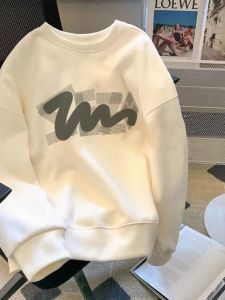 Áo Nỉ Dài Tay Màu Trắng Cổ Tròn Phong Cách Mỹ Dày Dặn Mùa Thu Đông Cỡ Lớn Áo Hoodie Thường Ngày Thời Trang Mùa Xuân