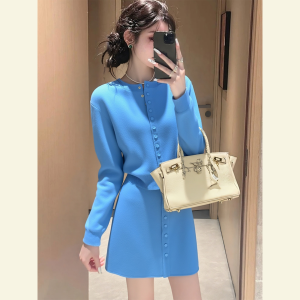 SHANGSHA | Autumn Elegance Comfortable Petite Blue Knit Dress Set