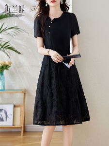 Elegant Black New Chinese Style Womens Dress Slimming Waist High Waist H-Line Summer Midi Skirt Polo Collar Commute Lady