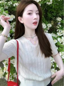 HUOLISI | White Lace Hollow V-Neck Thin Ice Silk T-Shirt for Summer