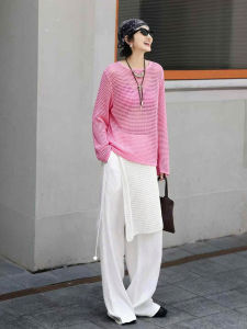 BOGUDU | Summer New Relaxed Style Pink Top with White Loose Pants 3 Piece Set
