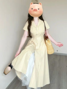 Váy Sơ Mi Màu Vàng Thanh Lịch Mùa Hè 2025 Thiết Kế Mới Rộng Rãi Hợp Lý Cổ Chữ V Váy Midi Chữ a Cotton Polyester