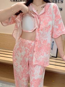 Womens Pajamas with Chest Pad Summer Cotton Short Sleeve Pants Thin Sweet Cardigan Outwear Summer Home Wear