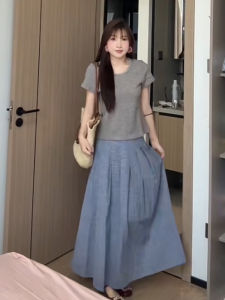 BINKAFENNY | Grey Short Sleeve T-Shirt And Blue Plaid Mini Skirt Two-Piece Set Summer Womens Fashion Casual Comfortable Breathable Clothing