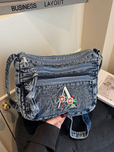 Casual Denim Multi-Layer Crossbody Bag Small Commuter Bag Single Shoulder Mom Bag Fashionable All-Match Leisure Vintage Design