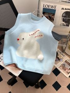 Lazy College Style น่ารัก คอกลมถักพิมพ์ลายกระต่าย แขนกุด เสื้อกั๊ก ด้านบน ผู้หญิง ไหล่ สายคล้อง หลากหลาย หลวม Fit เสื้อสวม เสื้อสเวตเตอร์