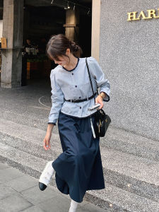 Blue Elegant Commute Womens Set Skirt Spring Autumn High-End Feeling Half Skirt One Whole Set Long Sleeve round Neck Button Style