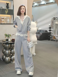 Elegant Lace Patchwork Hoodie Wide Leg Pants Suit