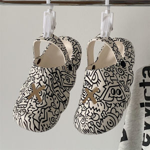 Street Style Graffiti Hole Hole Shoes Womens Summer Fashion Outdoor Anti-slip EVA Beach Sandals Trendy Slip-on Flats