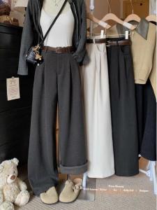 กางเกงขายาวทรงตรงผ้าขนสัตว์หนาสำหรับผู้หญิงในฤดูใบไม้ร่วง กางเกงขายาวทรงหลวมเอวสูง ทรงตรง กางเกงขายาวทรงขากว้าง ทรงยาวคลุมเข่า