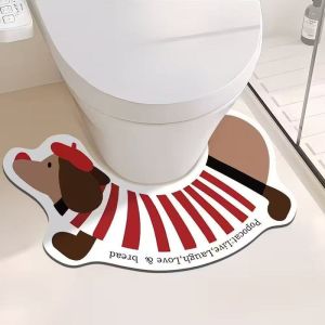 VIKAMA Spotted Dachshund U-Shaped Toilet Cushion Cartoon Dog Print Non-Slip Rug Washable Bathroom Mat for Home Decor