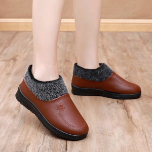 Winter Waterproof Womens Cotton Shoes Leather plus Velvet Thickened District Thermal Soft Soled Non Slip One Pedal Middle-Aged Mom Cotton Boots
