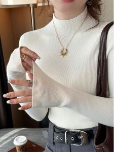 Womens Knitted Long Sleeve Base Shirt Half High Collar Inner Wear Autumn Winter Thickened Slim Fit Style Commute Lady Fashion