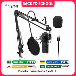 FIFINE USB Microphone with Boom Arm Shock Mount & Pop Filter Plug & Play Studio Mic for Podcast/Voice Over/ Recording - K780