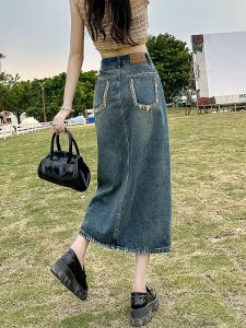 High Waist Slit Denim Mini Skirt Womens Thin New Style Slimming Midi A-Line Skirt Summer Fashion Cotton Polyester Blend