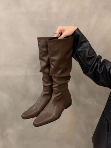 Womens Long Tube Knight Boots Spring Autumn Western Style Thick Heel Folded Design Fashionable Rubber Sole PU Leather