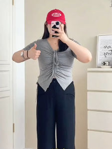 Plus Size Womens Clothing French Retro Drawstring Stylish Short Sleeve T-Shirt Womens Summer Slightly Oversized Girls Asymmetrical Waist-Controlled Top