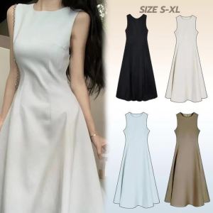 Womens sundress A-line summer high quality elegant sleeveless round neck fitted waist style