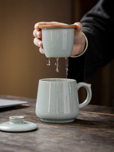 Ru Ware Azure Tea and Water Separation Ceramic Mug Tea Cup Office Cup Supportable Water Cup with Lid Customized Gift