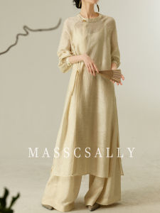 MASSCSALLY | Traditional Chinese Zen Ramie Three Piece Set Female 2026 Summer New Arrival