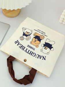 New Fashionable Canvas Bag Bear Print Portable Work Handbag Womens Style Youth Spring Season Pure Color Cartoon Handheld Bag