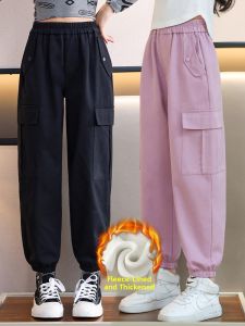 Girls Fleece Lined Sports Pants Spring Autumn Winter Kids Elastic Waist Workwear Trousers Black Large Childrens Cotton Pants