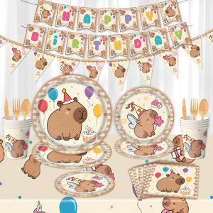 Brown Capybara Birthday Disposable Tableware Set Paper Plates Cups Tablecloth Hanging Flags Napkins Background for Celebrations