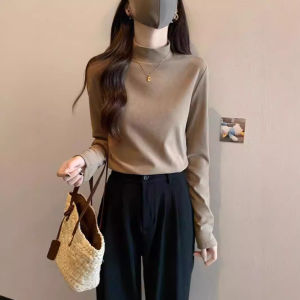 Áo Sơ Mi Lót Lông Cừu Dày Hai Mặt Cổ Cao Cho Nữ Mùa Đông 2024 Áo Chui Đầu Dài Tay Ôm Vừa Vặn Màu Trơn Thường Ngày