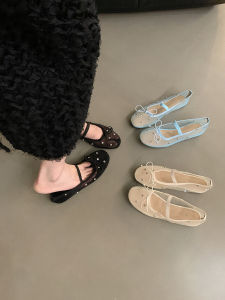 French Bow Knot Rhinestone Shallow Upsole Lace Ballet Slippers for Women Summer New Arrival Flat Heeled Mary Jane Cool Slippers