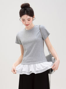Short Sleeve T-Shirt Womens Summer Fashion Slim Fit Color Block Double Lace Edge Korean Style Fake Two-Piece Top