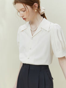 French Vintage White Short Sleeve Womens Shirt Summer Fashion Versatile Professional Commute Loose Top Breathable Casual Blouse