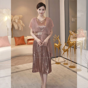 Elegant Pink Waist-Cinching Dress for Women Summer Season High Waist A-Line Gown Short Sleeve V-Neck Zipper Closure Formal Wear