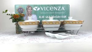 VICENZA wadah saji set isi 3 + rak motif Camelia / pemanas makanan / casserole food warmer keramik B-751