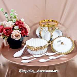 wadah sup alat penyaji makanan putih gold mewah keramik