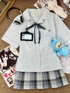 Original Jk Striped Shirt Summer Style Academic Wind Waist Cinched Slim Fit Womens Embroidered Open Front Short Sleeve Top