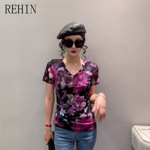 REHIN Womens top Summer new fashion mesh printing short-sleeved V-neck T-shirt Slim thin S-3XL elegant blouse